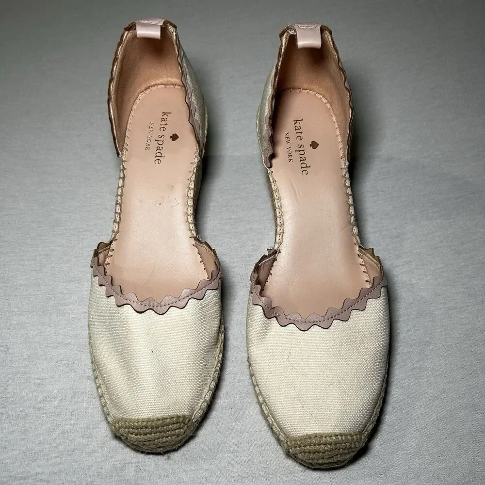 Kate Spade Cream Canvas Espadrille Wedges Scalloped Leather Trim Size 10